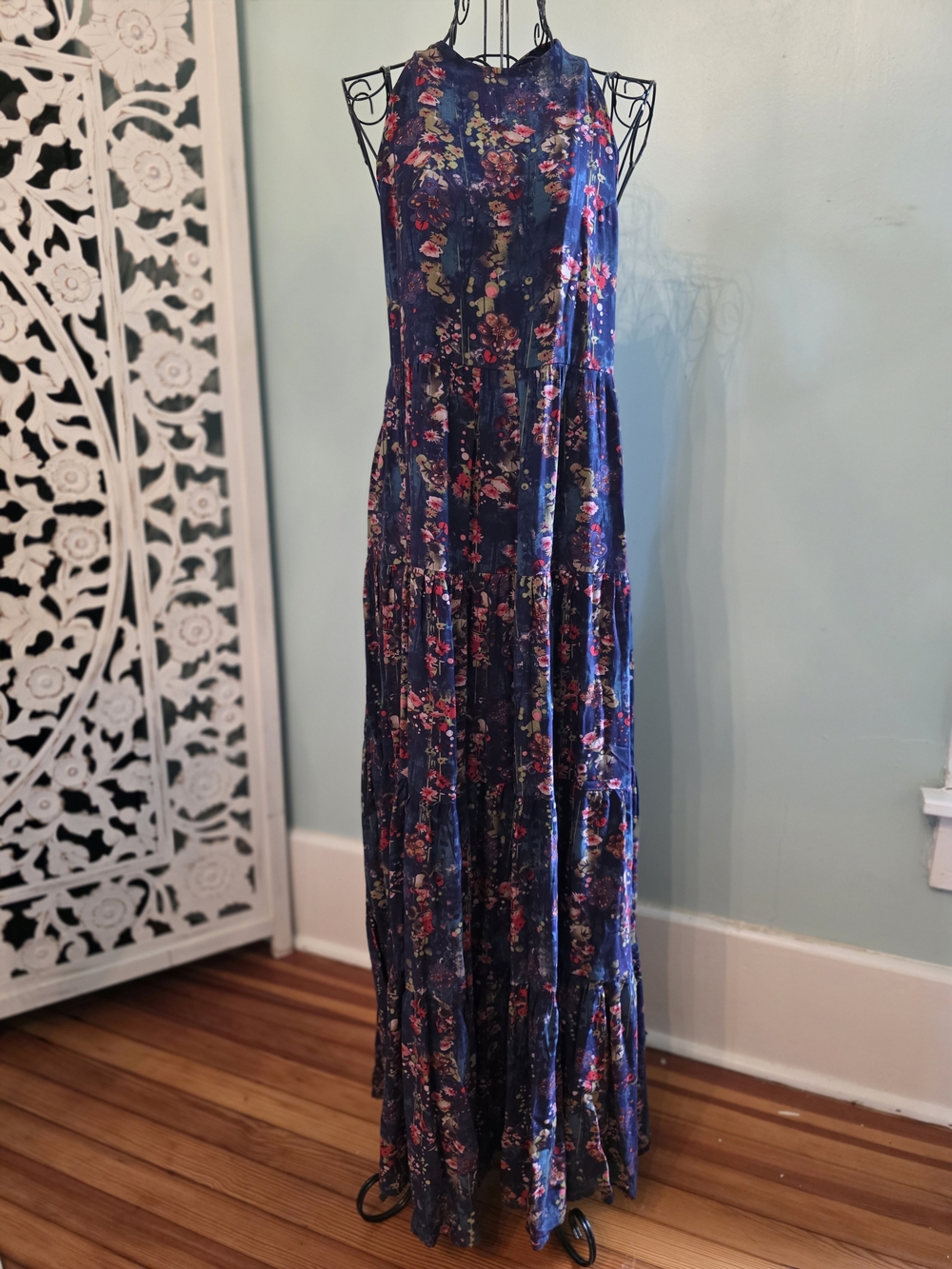 Floral Tiered Maxi Dress - Navy with Pink Floral - Picture 3 of 16